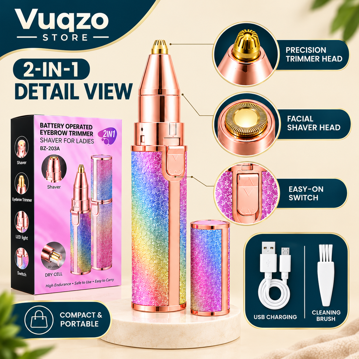 ✨ Flawless 2-in-1 Eyebrow Trimmer for Women – Rechargeable Facial Hair Remover with USB Charging & Cleaning Brush 💖