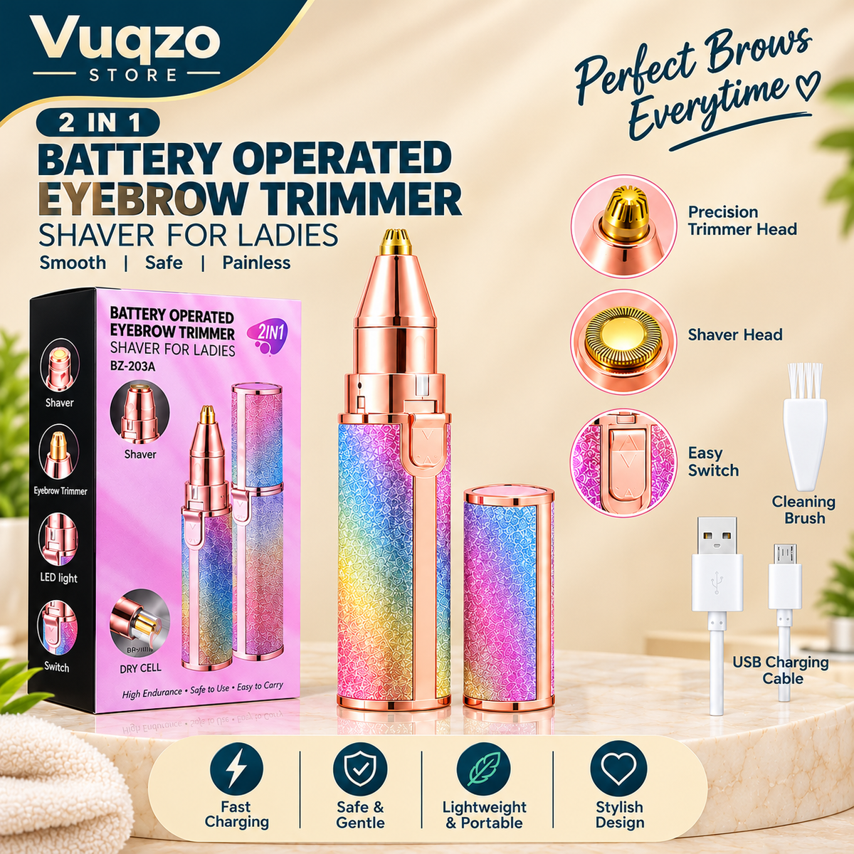 ✨ Flawless 2-in-1 Eyebrow Trimmer for Women – Rechargeable Facial Hair Remover with USB Charging & Cleaning Brush 💖